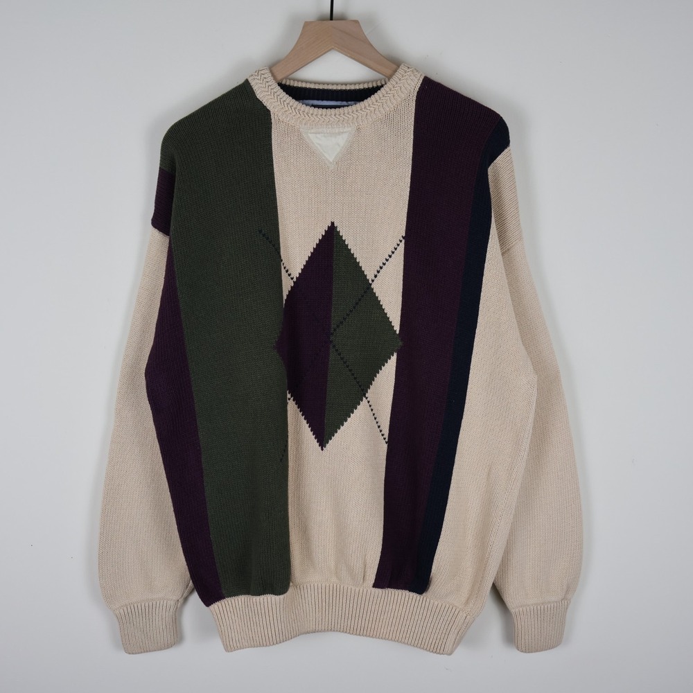 Vintage Woods & Gray Argyle‎ Pattern Heavyweight Sweater Men's 2XL 23.5x29